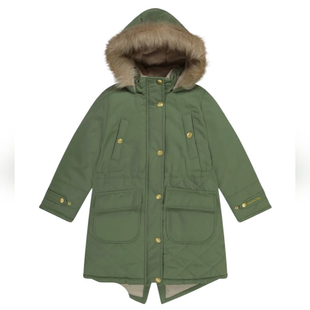 3301 NWT London Fog girls zip-front mid cinch quilted parka Olive Sz 4